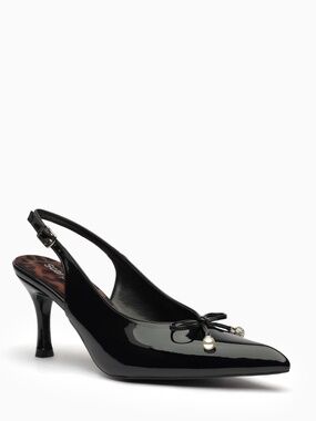 Perla Patent Slingback Heels: Knotted Bow, Pearl Detail, Hourglass Heel
